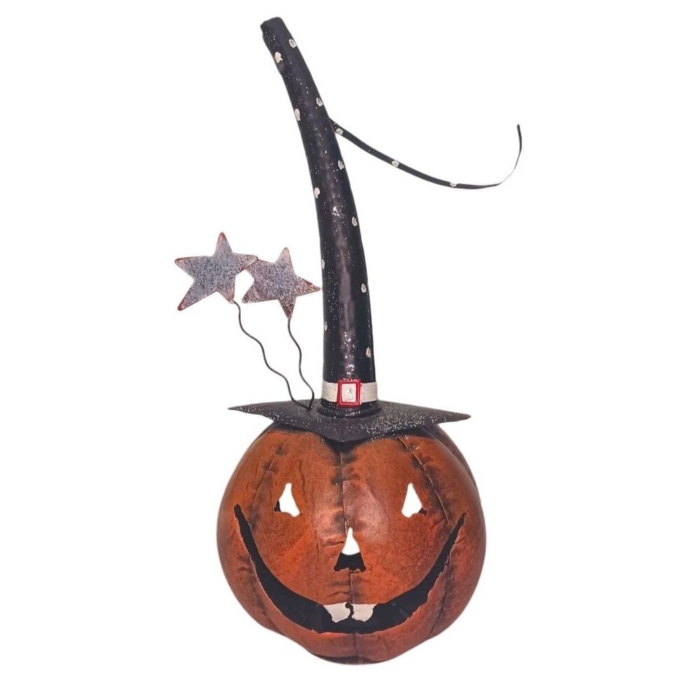 Vtg Halloween Metal Jack O Lantern Pumpkin Witch Hat Tealight Candle Holder Y2K